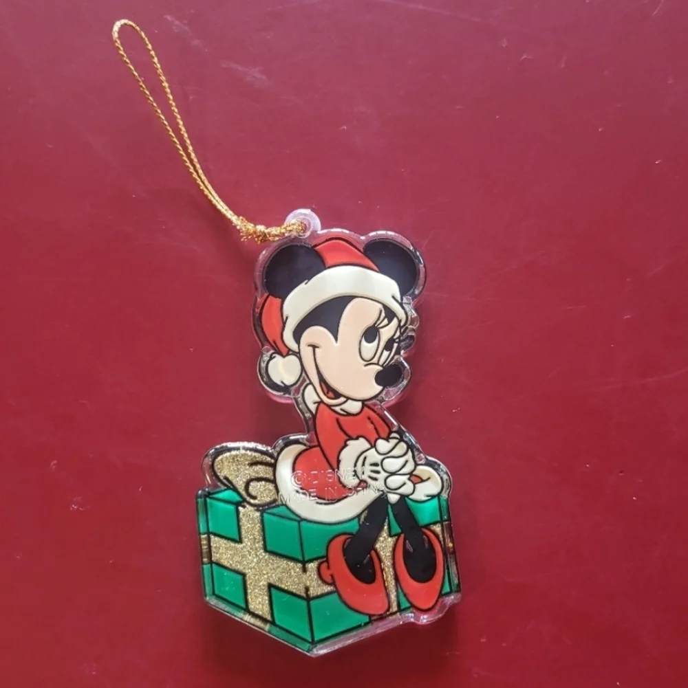 Vintage Disney Acrylic Flat Minnie Mouse Santa Christmas Collectible Ornament